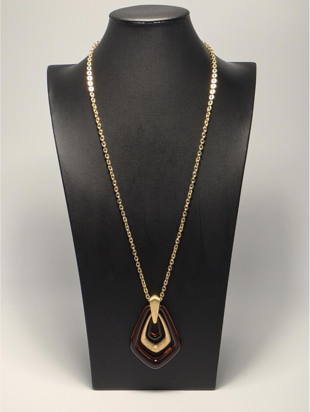 VTG Tortoiseshell Necklace w Pristine Gold Tone Geometric Pendants & Chain